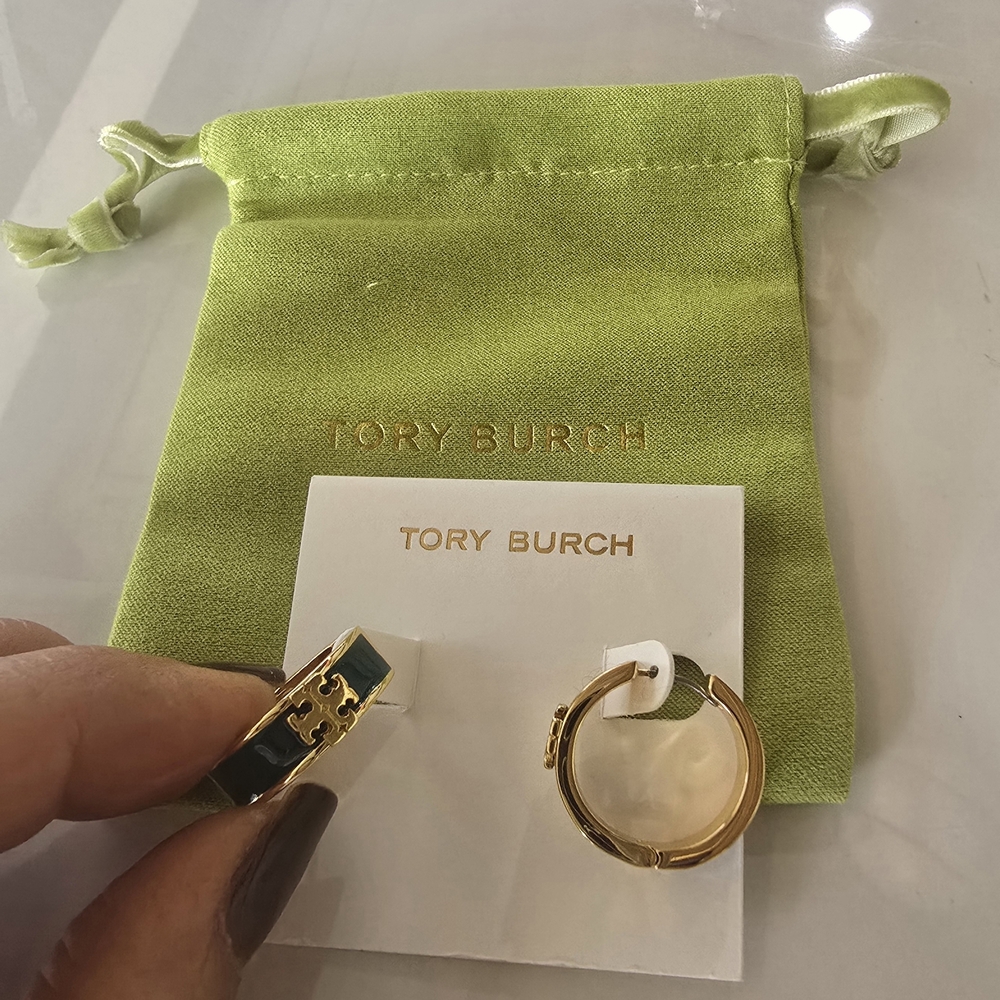 Tory Burch Gold and Dark Green Hoop Earrings